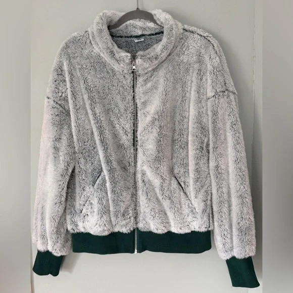 Senita Athletics Sherpa Bomber Full Zip-Up Fuzzy Fleece Jacket Gray Green XL - Picture 3 of 6